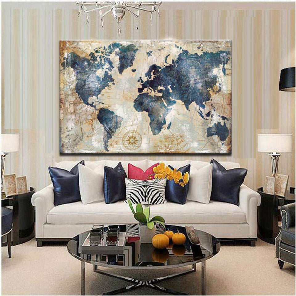 Impresión De Lienzo,Elegante Arte Abstracto Azul Del Mapa Del Mundo,Lienzo,Pintura,Arte De La Pared,Carteles,Impresiones Sin Marco,Imágenes,Sala De Estar,Decoración Del Hogar,70X100 Cm Sin Mar